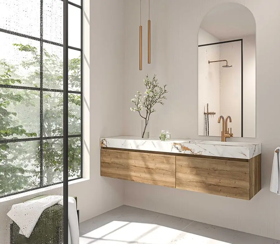 a bathroom with a sink and a shower