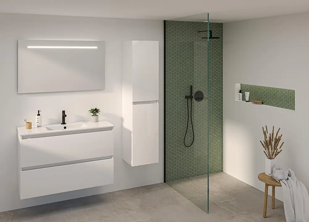 a bathroom with a glass shower and sink