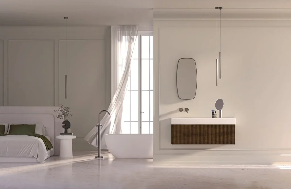 a bathroom with a tub and a sink