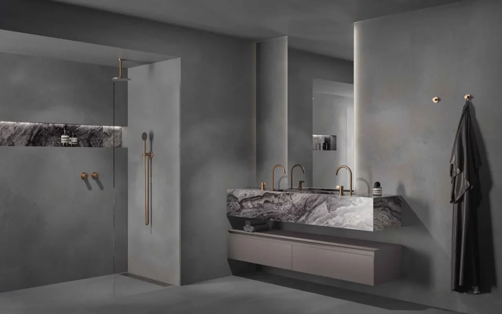 a bathroom with a marble sink and shower